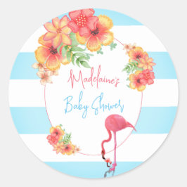 Tropisch Flamingo Blue Stripe Baby shower Ronde Sticker