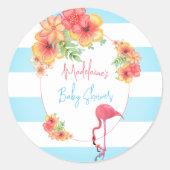 Tropisch Flamingo Blue Stripe Baby shower Ronde Sticker (Voorkant)