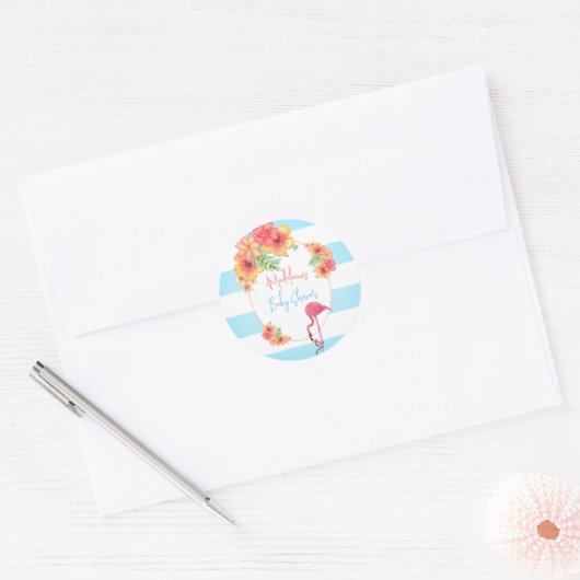 Tropisch Flamingo Blue Stripe Baby shower Ronde Sticker (Envelop)