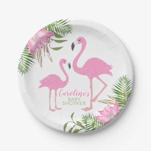 Tropisch Flamingo Floral Baby shower Papieren Bordje (Voorkant)