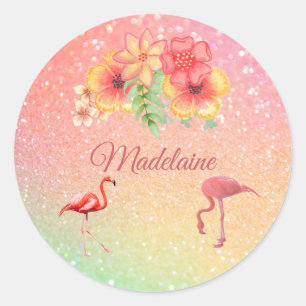 Tropisch Flamingo Glitter Floral Personal Ronde Sticker