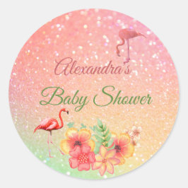 Tropisch Flamingo Glitter Roze Baby shower Ronde Sticker