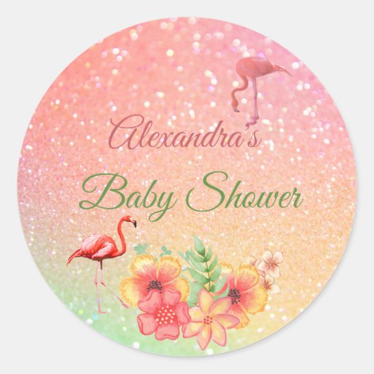 Tropisch Flamingo Glitter Roze Baby shower Ronde Sticker (Voorkant)