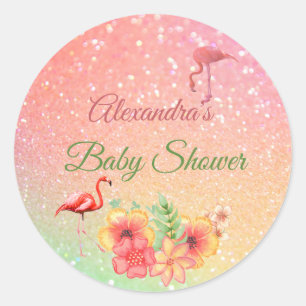 Tropisch Flamingo Glitter Roze Baby shower Ronde Sticker