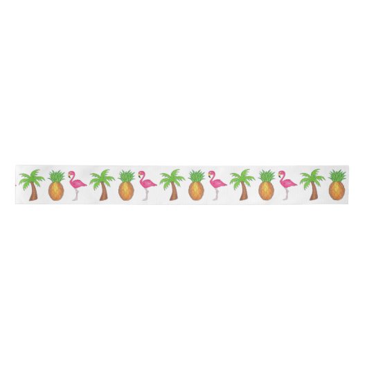 Tropisch Flamingo Green Palm Tree Pineapple Island Satijnen Lint (Voorkant)