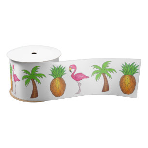 Tropisch Flamingo Green Palm Tree Pineapple Island Satijnen Lint