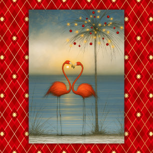 Tropisch Flamingo Koppel met Kerstpalmboom Feestdagen Kaart