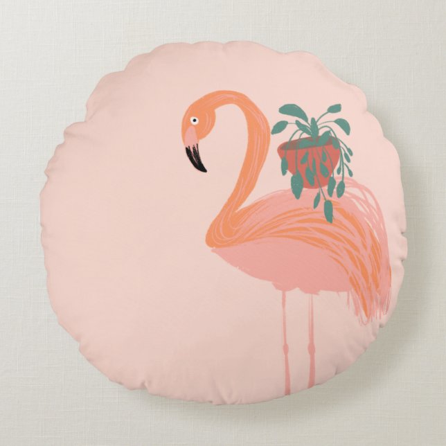 Tropisch Flamingo met gebogen Plant hand Rond Kussen (Voorkant)