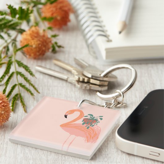 Tropisch Flamingo met gebogen Plant hand Sleutelhanger (Voorkant Rechts)