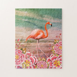 Tropisch Flamingo op Beach met Roze Flowers Collag Legpuzzel
