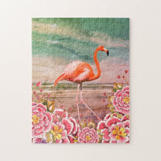 Tropisch Flamingo op Beach met Roze Flowers Collag Legpuzzel (Verticaal)