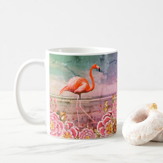 Tropisch Flamingo op Beach & Oriental Pink Flowers Koffiemok (Met donut)