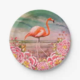 Tropisch Flamingo op Beach & Oriental Pink Flowers Papieren Bordje