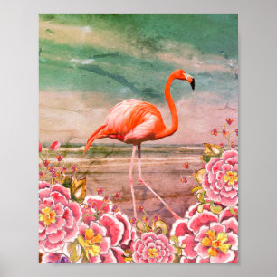 Tropisch Flamingo op Beach & Oriental Pink Flowers Poster