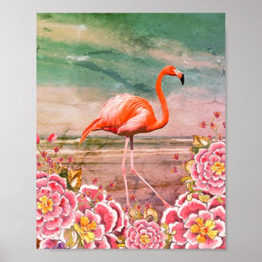 Tropisch Flamingo op Beach & Oriental Pink Flowers Poster (Voorkant)