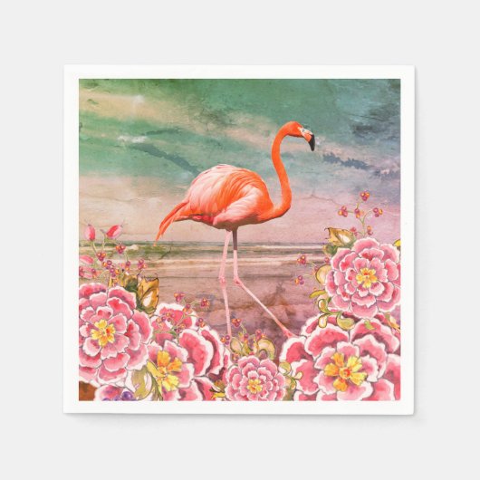 Tropisch Flamingo op Beach & Oriental Pink Flowers Servet (Voorkant)