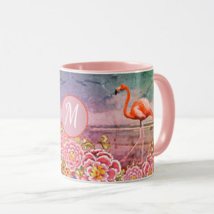 Tropisch Flamingo op Beach, roze bloemen, Monogram Mok