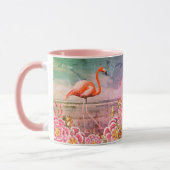 Tropisch Flamingo op strand, roze bloemen, monogra Mok (Links)
