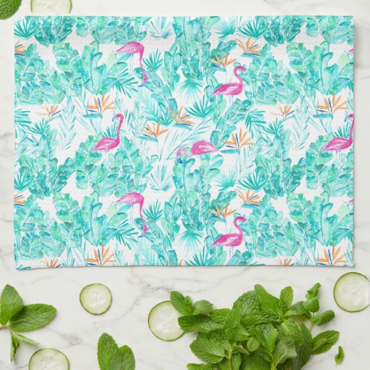 Tropisch Flamingo Palm Leaf Bird of Paradise Towel Theedoek (Gevouwen)