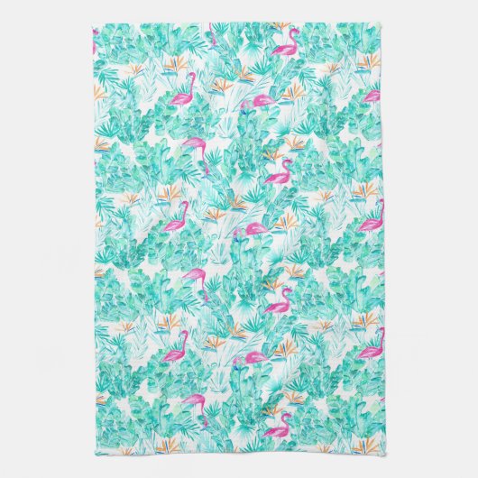 Tropisch Flamingo Palm Leaf Bird of Paradise Towel Theedoek (Verticaal)