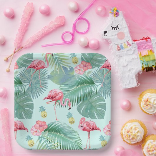 Tropisch Flamingo, Palms, ananassaplpatroon ID926 Papieren Bordje (Feest)
