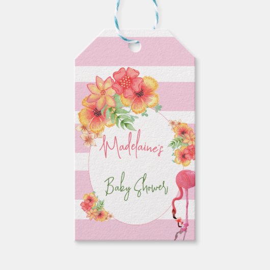 Tropisch Flamingo Pink Stripe Baby shower Cadeaulabel (Voorkant)