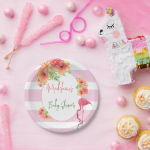 Tropisch Flamingo Pink Stripe Baby shower Papieren Bordje