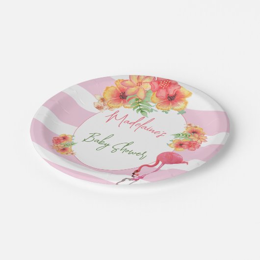 Tropisch Flamingo Pink Stripe Baby shower Papieren Bordje (Gekanteld)
