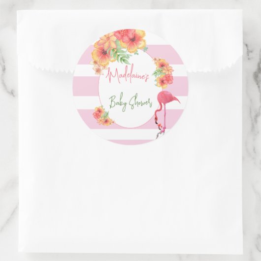 Tropisch Flamingo Pink Stripe Baby shower Ronde Sticker (Tas)