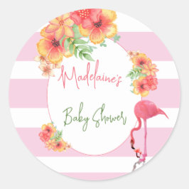 Tropisch Flamingo Pink Stripe Baby shower Ronde Sticker