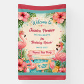 Tropisch Flamingo Poolparty 7e Verjaardag Splash Spandoek (Verticaal)