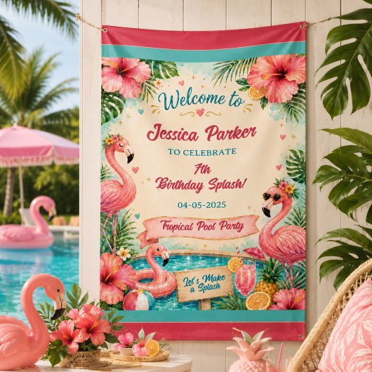 Tropisch Flamingo Poolparty 7e Verjaardag Splash Spandoek