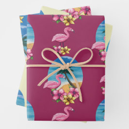 Tropisch Flamingo Strand, Palmboom en Bloemen Inpakpapier Vel