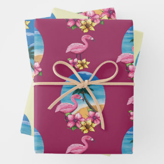 Tropisch Flamingo Strand, Palmboom en Bloemen Inpakpapier Vel