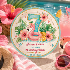 Tropisch Flamingo Zwembad Feest 7e Verjaardag Spet Ronde Sticker