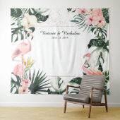 Tropisch Flamingo's Bruiloft Foto Booth Achtergron Wandkleed (In Situ (horizontaal))