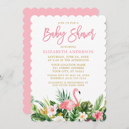 Tropisch Floral Baby shower Gold in penseel script Kaart (Voorkant / Achterkant)