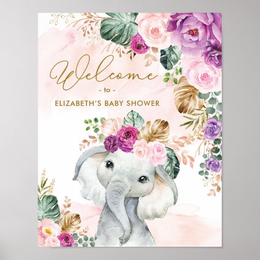Tropisch Floral Elephant Baby shower Welkom Poster (Voorkant)