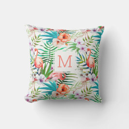 Tropisch  Floral Flamingo Bird Monogram Buitenkussen