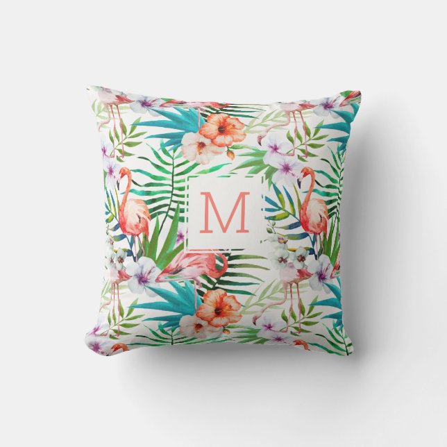 Tropisch  Floral Flamingo Bird Monogram Buitenkussen (Voorkant)