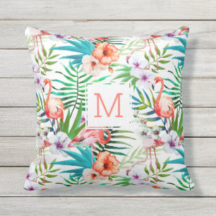 Tropisch  Floral Flamingo Bird Monogram Buitenkussen