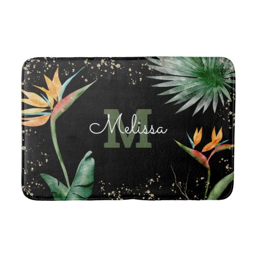 Tropisch Floral Foliage Monogram Script Gold Black Badmat (Voorkant)