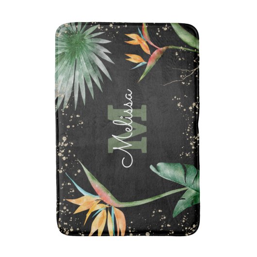 Tropisch Floral Foliage Monogram Script Gold Black Badmat (Voorkant Verticaal)