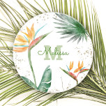 Tropisch Floral Foliage Monogram Script White Gold Zandsteen Onderzetter<br><div class="desc">Breng een beetje elegante tropische gastvrijheid in je huis wanneer je ontspant met je favoriete drank met dit chic, modern aangepast monogram zandsteen onderzetter. Verbluffende, verfijnde, kleurrijke, tropische waterverf vogels van paradijse bloemen, faux goudglitter en gepersonaliseerd kalligrafiescript met een gewaagd monogram initiaal, bedekken een dramatische zwarte achtergrond. Personaliseer met jouw...</div>