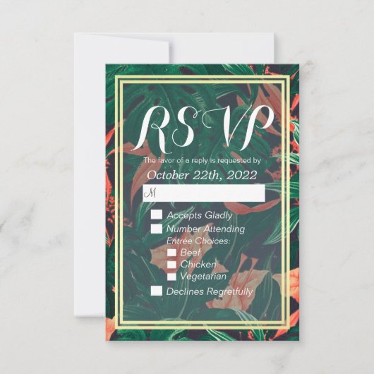Tropisch Floral Gold Foil Lijst Wedding RSVP Antwo (Voorkant)