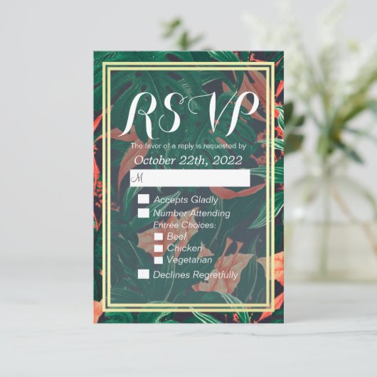 Tropisch Floral Gold Foil Lijst Wedding RSVP Antwo (Staand voorkant)