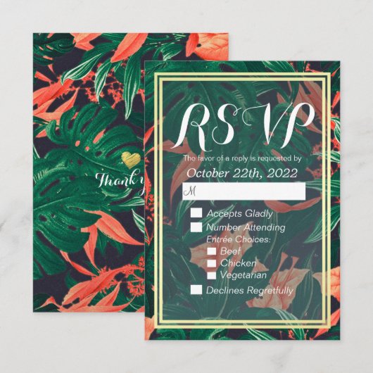 Tropisch Floral Gold Foil Lijst Wedding RSVP Antwo (Voorkant / Achterkant)