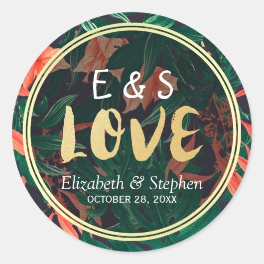 Tropisch Floral Gold Lijst Weddenschap Hartelijk d Ronde Sticker (Voorkant)