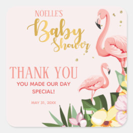 Tropisch Floral Gold Pink Flamingo Baby shower Vierkante Sticker