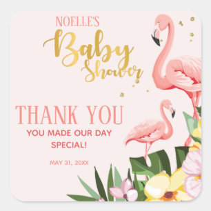 Tropisch Floral Gold Pink Flamingo Baby shower Vierkante Sticker